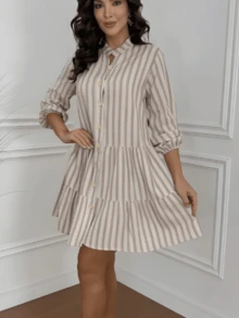 Striped 3/4 Sleeve Dress With Button In Linen - Vino rayado - Ver 2