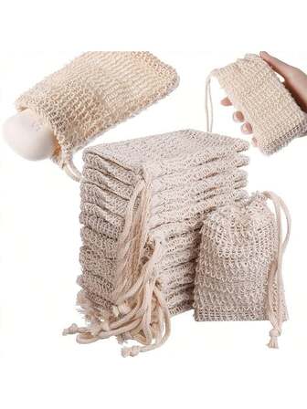 1/5/10 pièces Étui économiseur de savon, Sac à savon en sisal avec cordon de serrage, Sac économiseur de savon, Sac de douche savon noué pour moussage et séchage, Accessoires de salle de bain