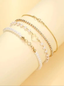 Conjunto de 12 piezas/6 piezas de pulseras superpuestas con diseño de corazón hueco de perlas falsas elegantes, joyería de moda para niñas, apropiado para uso diario en verano