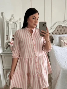 Short Long Sleeve Button Up Dress - Pink Striped - View 1
