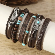 Set de 6 piezas con brazalete vintage de estilo punk con turquesa, pluma, concha de coco, cuentas de madera y rombo