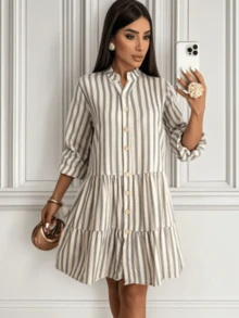 Striped 3/4 Sleeve Dress With Button In Linen - Black Striped - View 2