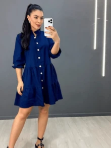 Short Dress With 3/4 Sleeves And Buttons In Linen - Plain Navy Blue - View 2