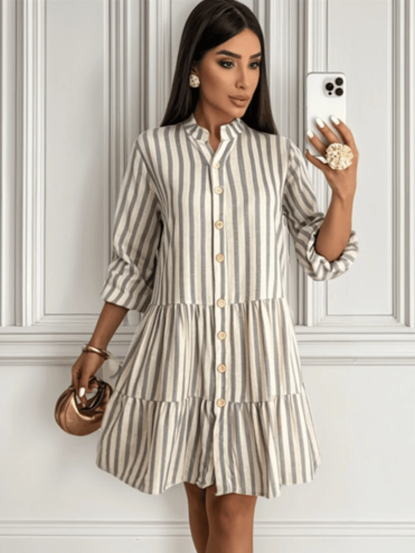 Striped 3/4 Sleeve Dress With Button In Linen - Black Striped - View 1