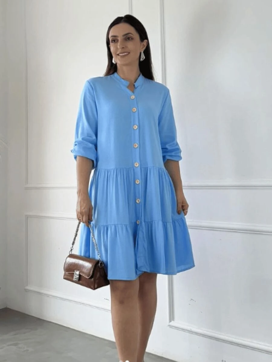 Short Dress With 3/4 Sleeves And Buttons In Linen - Màu xanh nhạt - Xem 1