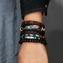 Set de 6 piezas con brazalete vintage de estilo punk con turquesa, pluma, concha de coco, cuentas de madera y rombo