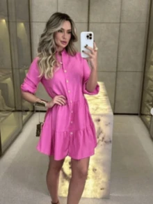 Short Long Sleeve Button Up Dress - Plain Pink - View 2