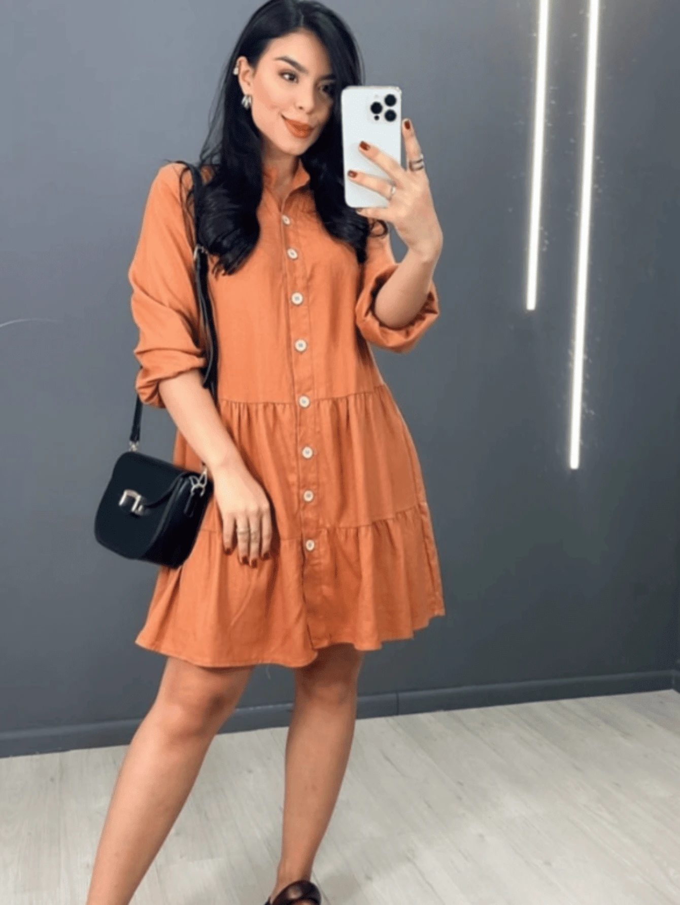 Striped 3/4 Sleeve Dress With Button In Linen - Caramelo suave - Ver 1