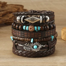 Set de 6 piezas con brazalete vintage de estilo punk con turquesa, pluma, concha de coco, cuentas de madera y rombo