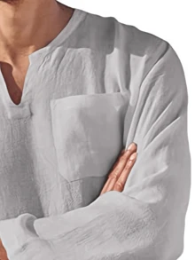 hoteel Men's Linen Beach Tee Shirts Long Sleeve V Neck Casual Shirt Collarless Solid Plain Shirts Breathable Yoga Tops - Xám - Xem 2