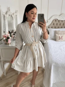 Striped 3/4 Sleeve Dress With Button In Linen - rayas azules - Ver 2