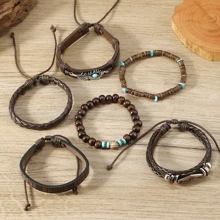 Set de 6 piezas con brazalete vintage de estilo punk con turquesa, pluma, concha de coco, cuentas de madera y rombo