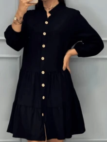 Short Long Sleeve Button Up Dress - Màu đen trơn - Xem 1