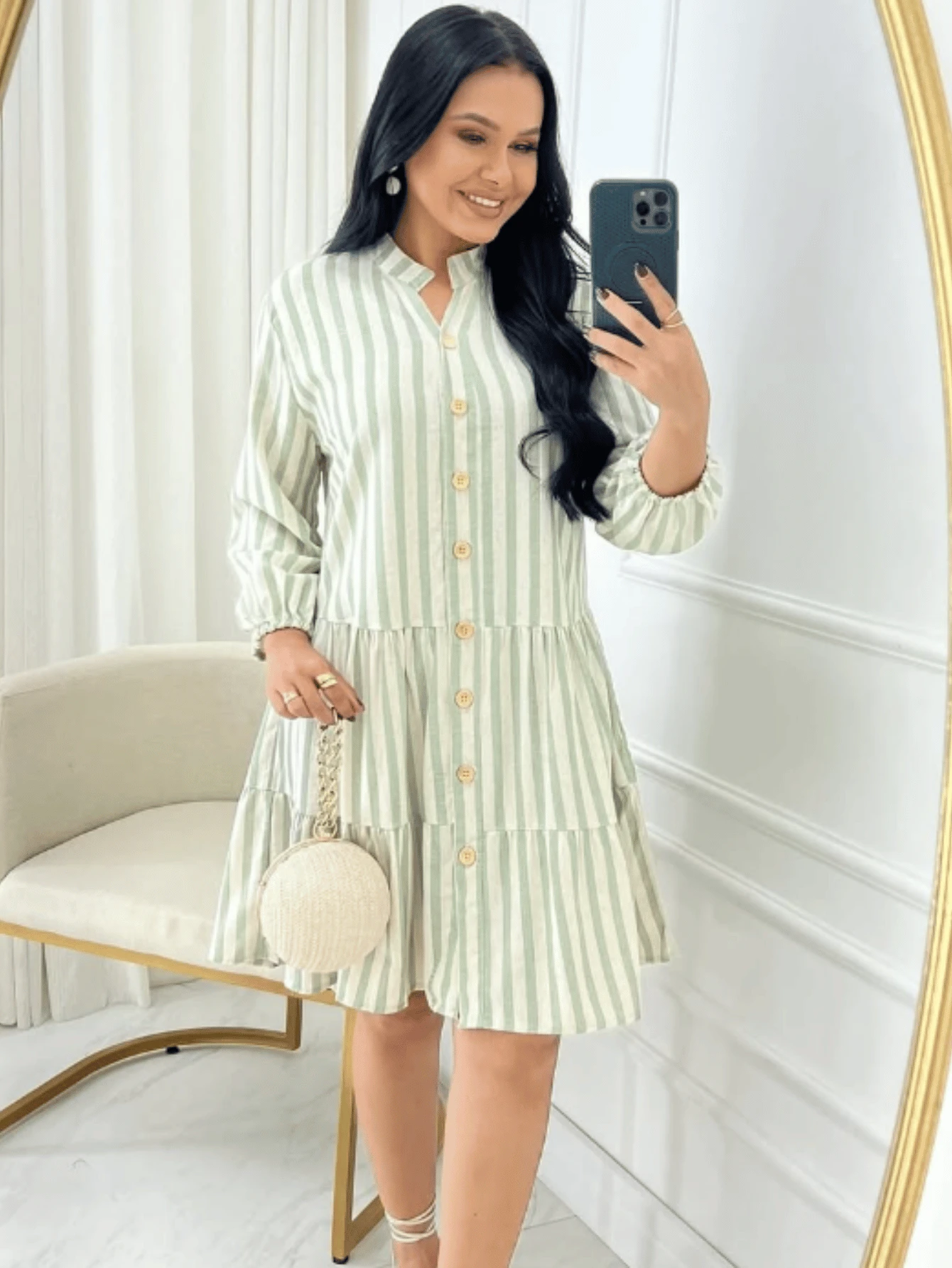 Striped 3/4 Sleeve Dress With Button In Linen - Green Striped - View 1