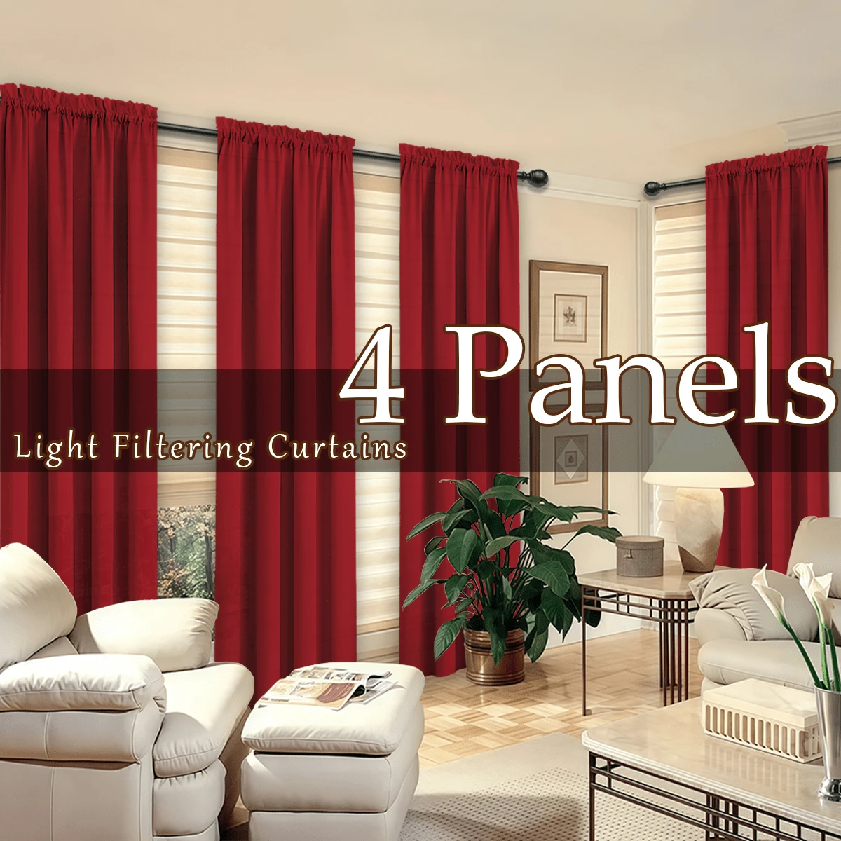 4 Panels Elegant Rod Pocket Curtains For Bedroom, Decor Privacy Light Filtering Indoor Drapes Curtains For Living Room, Office, Dining Room - 紅色 - 查看 1