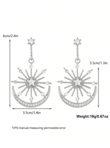 1pc Minimalist Bohemian Summer Fashion Sun Goddess, Star & Moon Rhinestone Decor Long Drop Earrings, Lady Earrings Suitable For Daily Wear