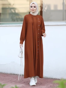 Elegant Solid Color Long Sleeve Dress, Modest - Coffee Brown - View 2