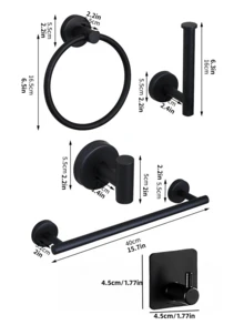 这款欧式浴室收纳套装包括不锈钢毛巾环、毛巾杆、纸巾架、浴袍挂钩、衣帽钩和多功能挂杆。 - 多 - 查看 3