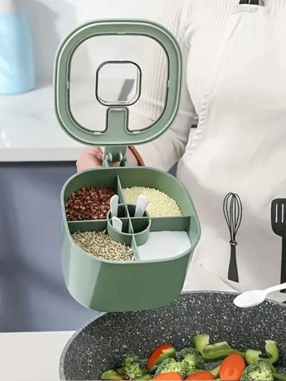 一套四合一大容量调味盒套装，带盖和勺子，香料收纳整理盒套装，非常适合家庭厨房收纳，包含盐瓶、香料罐、调味品收纳盒，厨房必备，公寓必备