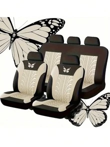 9件套（4件装）通用蝴蝶图案刺绣汽车座椅套，涤纶面料，四季通用，可手洗，适用于SUV、轿车、面包车等车型，兼容安全气囊，通用尺寸，轮胎形状，汽车座椅保护套，汽车座椅套全套，汽车配件 - 款式B - 查看 16