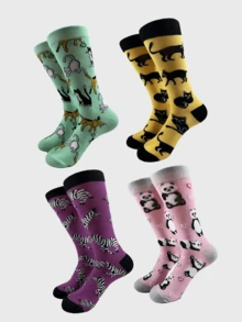 1 Pair/4 Pairs Personalized Creative Cat, Panda, Zebra Printed Men's Mid-Calf Socks, European And American Style, Fall - Multicolor - View 2