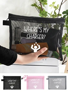 Hollow Mesh Cosmetic Bag With Data Cable Pattern, Charger Gold Letter Pattern Design, Red Air Cushion Storage Handbag, Cosmetic Bag, Skin Care Bag, Travel Essentials, Dormitory Supplies, Wedding Bridal Gifts, Mother Gifts, Birthday Gifts, Gifts For Friends And Teachers, Bathroom Storage, Jewelry Storage, Lip Oil And Cosmetics Storage Bag