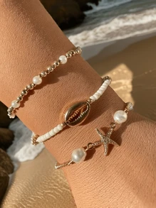 6/3 Pcs Summer Beach Multi-Layer Pearl Bracelet, Fashion Starfish & Shell Pendant Charm Bracelet Set, Sexy Beach/Casual Date Jewelry Gift For Women (Random Pearl Quantity And Order)