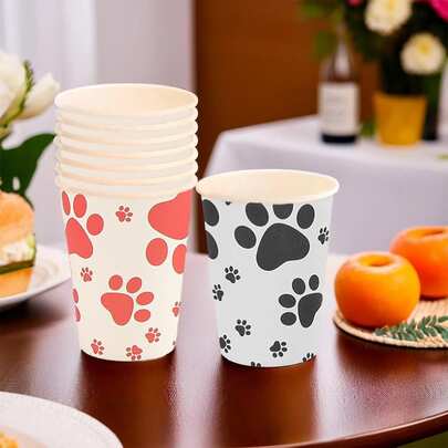 10pcs Cute Puppy Paw Print Black, White, Pink Paper Cups, Suitable For Birthday Party, Family Gathering, Outdoor Picnic, Birthday Party Decor, Wedding Party Decor