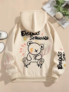 Enoless Struggle Aesthetic Street Hip-Hop Bear Printed Kangaroo Sweatshirt Bear Cold Weather Tracksuit - 卡其色 - 查看 1