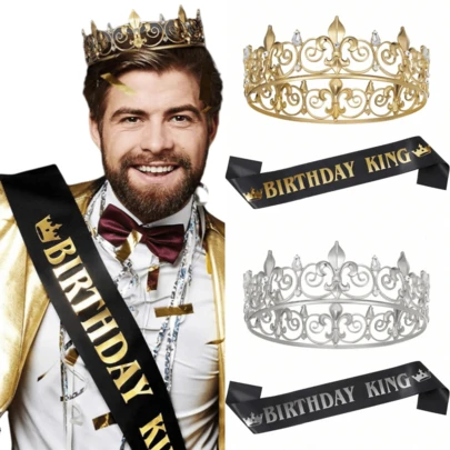 生日国王皇冠和绶带，皇家金色国王皇冠男士派对装饰舞会生日礼物男士国王选美皇冠，圣诞节