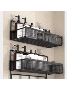 1pc Metal Wire Mesh Bathroom Storage Rack, Wall Mounted Kitchen Basket, No-Drill Shelf Organizer For Bathroom & Kitchen Back To School