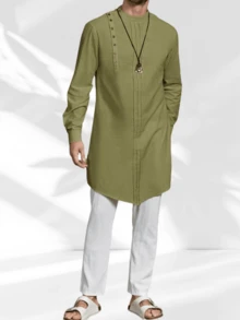 Runcati Mens Kaftan Thobe Long Sleeve Robe Gown Casual Cotton Linen Button Muslim Shirt - xanh quân đội - Xem 4
