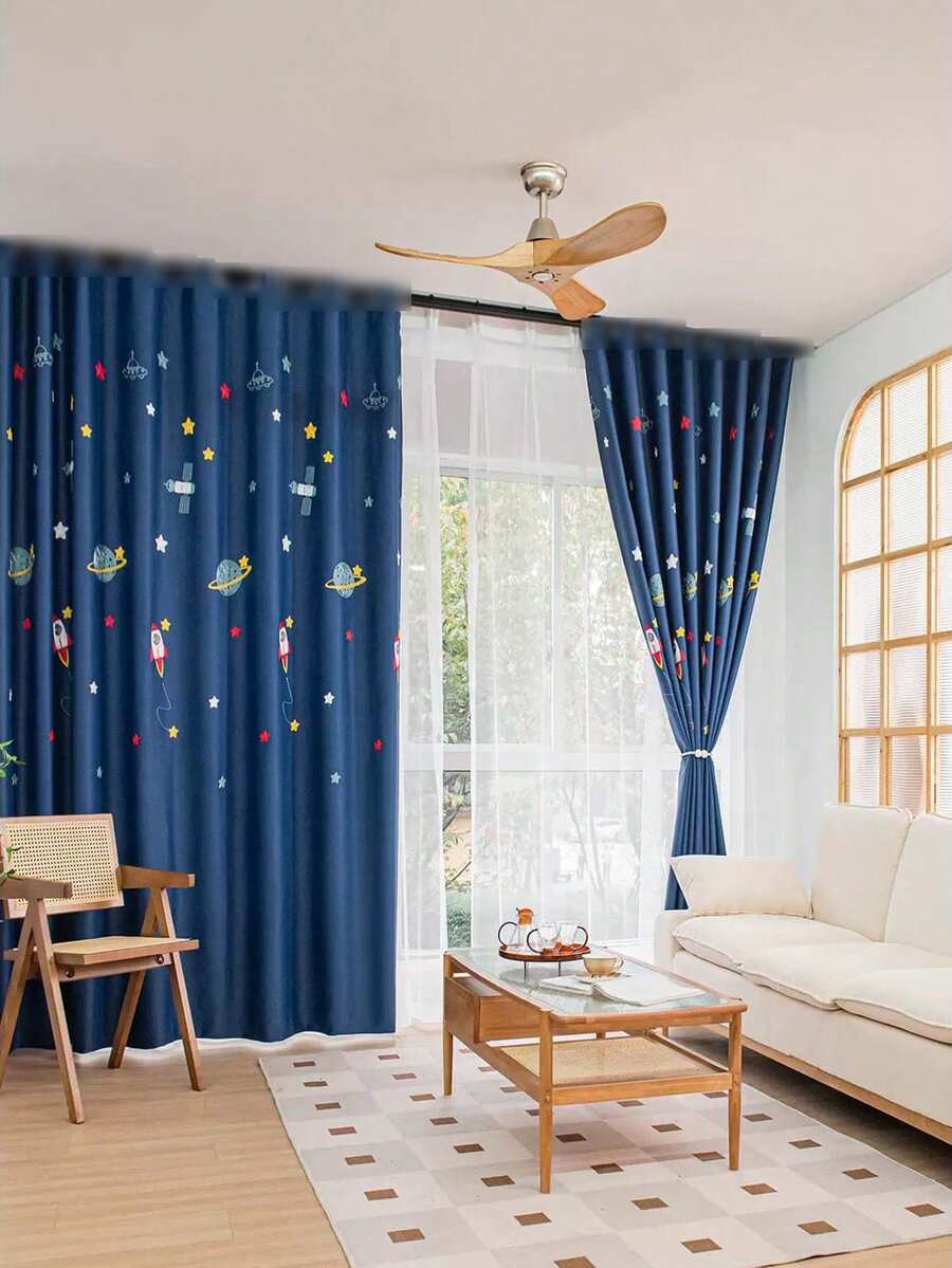 1 pezzo Tenda oscurante e termoisolante per camera dei bambini con ricamo moderno di astronave a fumetti - Dark Blue - Visualizzare 1