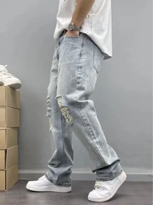 Teenage Boy's Distressed Denim Jeans, Teen Boy Casual Elastic Waist Pants, Spring Autumn New Arrival