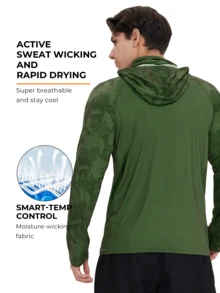 RODEEL Men's Hooded T-Shirt Sun Protection Clothes With Face Mask Color Block Printing Raglan Quick Dry Breathable Long Sleeve Suitable For Outdoor Fishing And Hiking Adventure Water Sports - Army Green - View 4