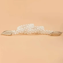 1pc Golden Leaf Faux Pearl Waist Chain, Suitable For Wearing With Dresses - Gold - View 5