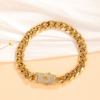 1pc Gold-Tone Miami Cuban Link Chain Necklace With Cubic Zirconia Clasp Lock, Men's Hip-Hop Rock Jewelry