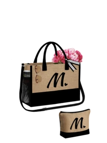 女士沙滩手提包，配有肩带、沙滩帽和化妆包，黑色爱心字母 A-Z 沙滩配件套装，个性化礼品袋，带侧袋，大容量，方便的化妆包，带围巾的沙滩包 - 卡其色 - 查看 43