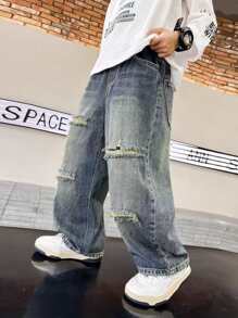 Jeans déchirés pour garçons adolescents, pantalons en jean droits et amples pour garçons jeunesse, pantalons décontractés, printemps