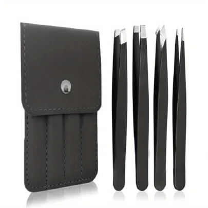 4pcs Stainless Steel Eyebrow Tweezers Set, Multifunctional Makeup Tools For Shaping Eyebrows, Removing Fine Hairs, With Leather Case