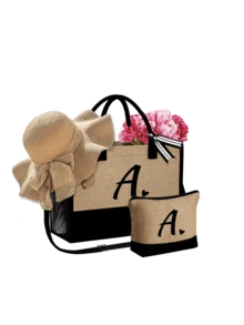 女士沙滩手提包，配有肩带、沙滩帽和化妆包，黑色爱心字母 A-Z 沙滩配件套装，个性化礼品袋，带侧袋，大容量，方便的化妆包，带围巾的沙滩包 - 卡其色 - 查看 31