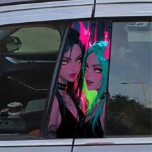 2pcs Cool Girl Face Graphic Car Stickers - Protective Film Suitable For B-Pillar Exterior Accessories