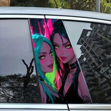 2pcs Cool Girl Face Graphic Car Stickers - Protective Film Suitable For B-Pillar Exterior Accessories