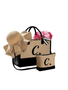 女士沙滩手提包，配有肩带、沙滩帽和化妆包，黑色爱心字母 A-Z 沙滩配件套装，个性化礼品袋，带侧袋，大容量，方便的化妆包，带围巾的沙滩包 - 卡其色 - 查看 49