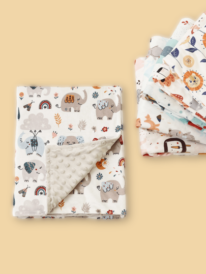 1pc Cartoon Elephant, Monkey, Crocodile Printed Soft And Comfy Coral Fleece Infant Blanket, All Season Use