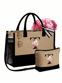 1 Set Women Beach Tote Bag With Shoulder Strap, Beach Hat And Cosmetic Bag; Pink Begonia Black Letter A-Z Pattern Tote Bag With Shoulder Strap And Cosmetic Bag; Personalized Gift Bag With Side Pocket - Khaki - View 37