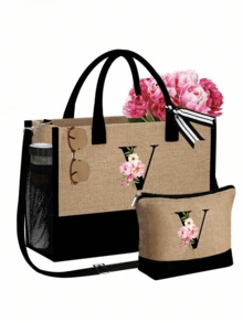 1 Set Women Beach Tote Bag With Shoulder Strap, Beach Hat And Cosmetic Bag; Pink Begonia Black Letter A-Z Pattern Tote Bag With Shoulder Strap And Cosmetic Bag; Personalized Gift Bag With Side Pocket - Khaki - View 13