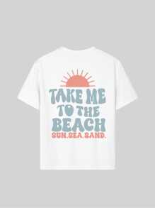 1 pieza Camiseta de manga corta blanca con estampado para niñas, ropa casual para estudiantes y jóvenes, apropiada para la playa