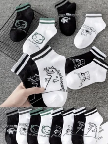 4 Pairs Men's Summer Ankle Socks, New Spring/Summer Breathable Comfortable Round Neck Socks With Cartoon Patterns, Unisex Boat Socks Suitable For Summer, Sports, Gym, Black & White Colors Available - Multicolor - View 2