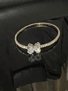 1pc Bridal Fashion Metal Jewelry Single Row Crystal & Pearl Bracelet Bangle, Adjustable Wedding Accessory